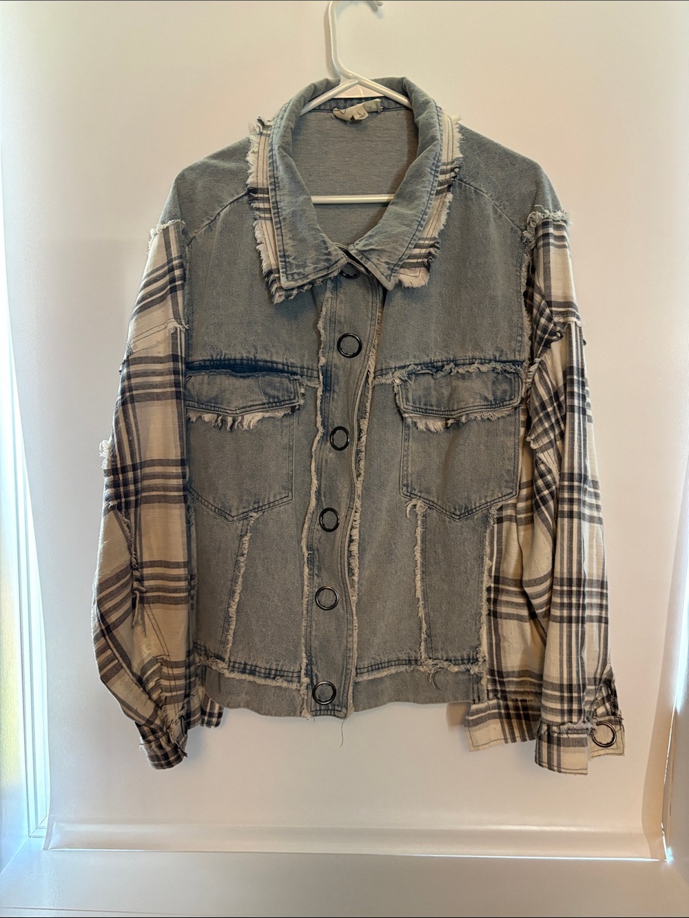 Oli & Hali Distressed Gray Denim Jacket with Grey Plaid Side Panels and Sleeves